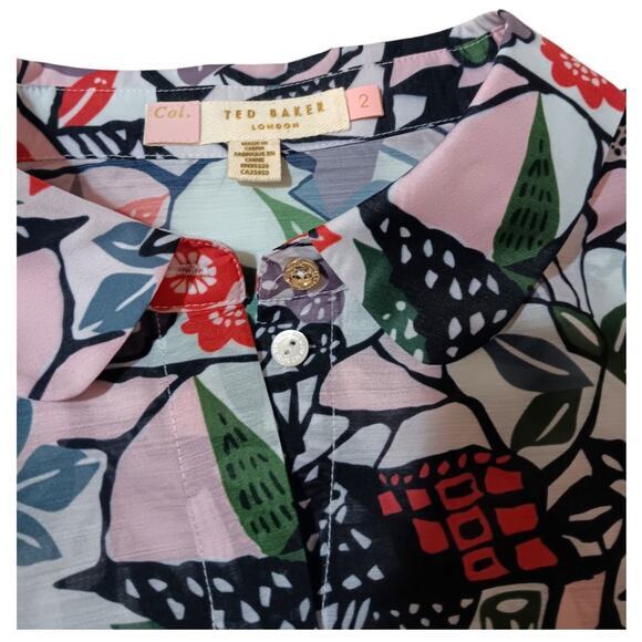TED BAKER LONDON Blouse Top Bright Colorful Busy Print Size US 6 Button Front - Picture 7 of 10